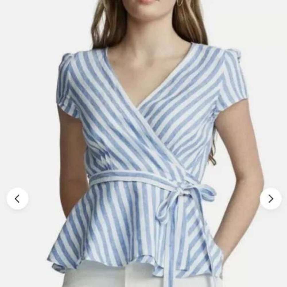 Polo Ralph Lauren Blue White Striped 100% Linen Wrap Top Short Sleeve Small